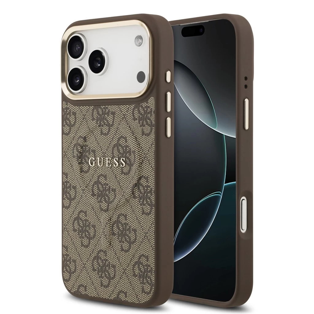 Guess PU Leather 4G Gold Frame MagSafe tok iPhone 17 Pro Max készülékhez barna