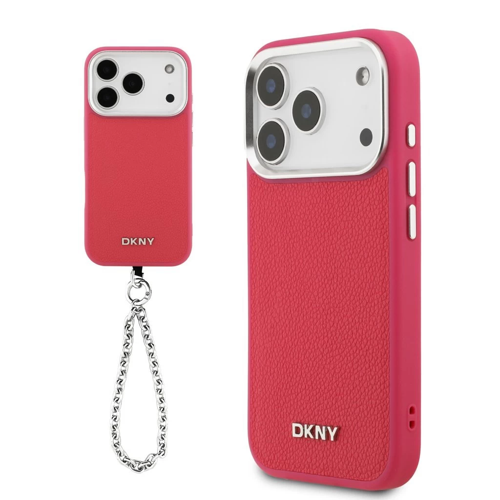 DKNY PU Leather Metal Logo csuklóláncos tok iPhone 17 Pro készülékhez rózsaszín
