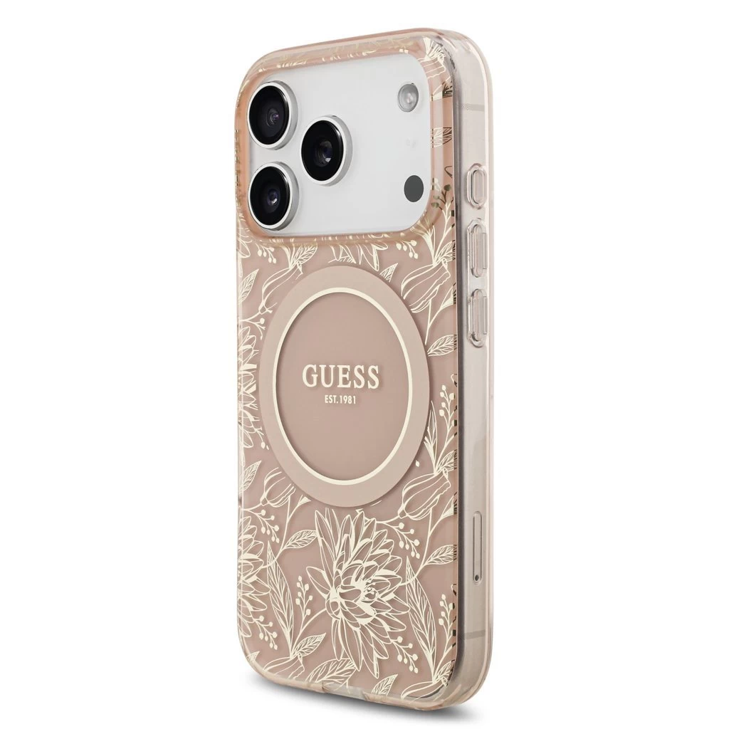 Guess IML Flowers Allover Strap MagSafe tok iPhone 17 Pro készülékhez rózsaszín