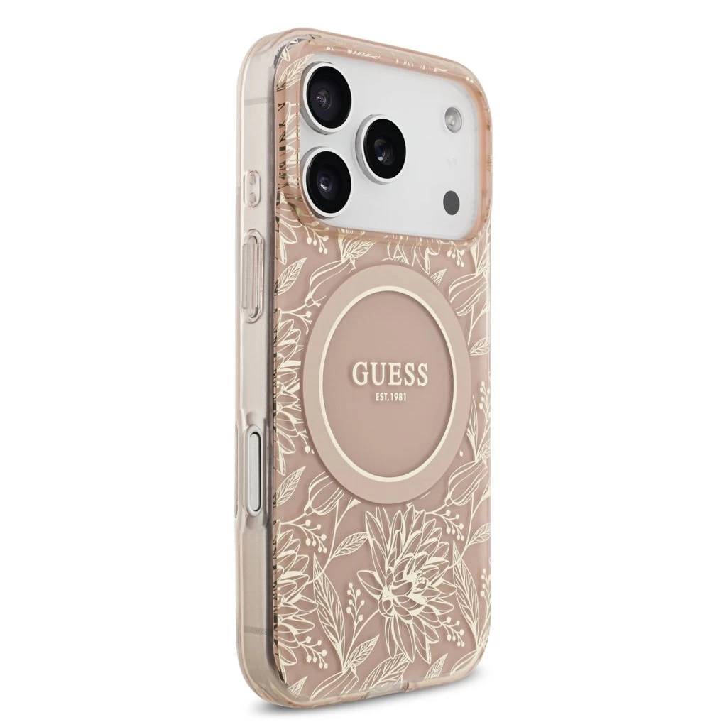 Guess IML Flowers Allover Strap MagSafe tok iPhone 17 Pro készülékhez rózsaszín