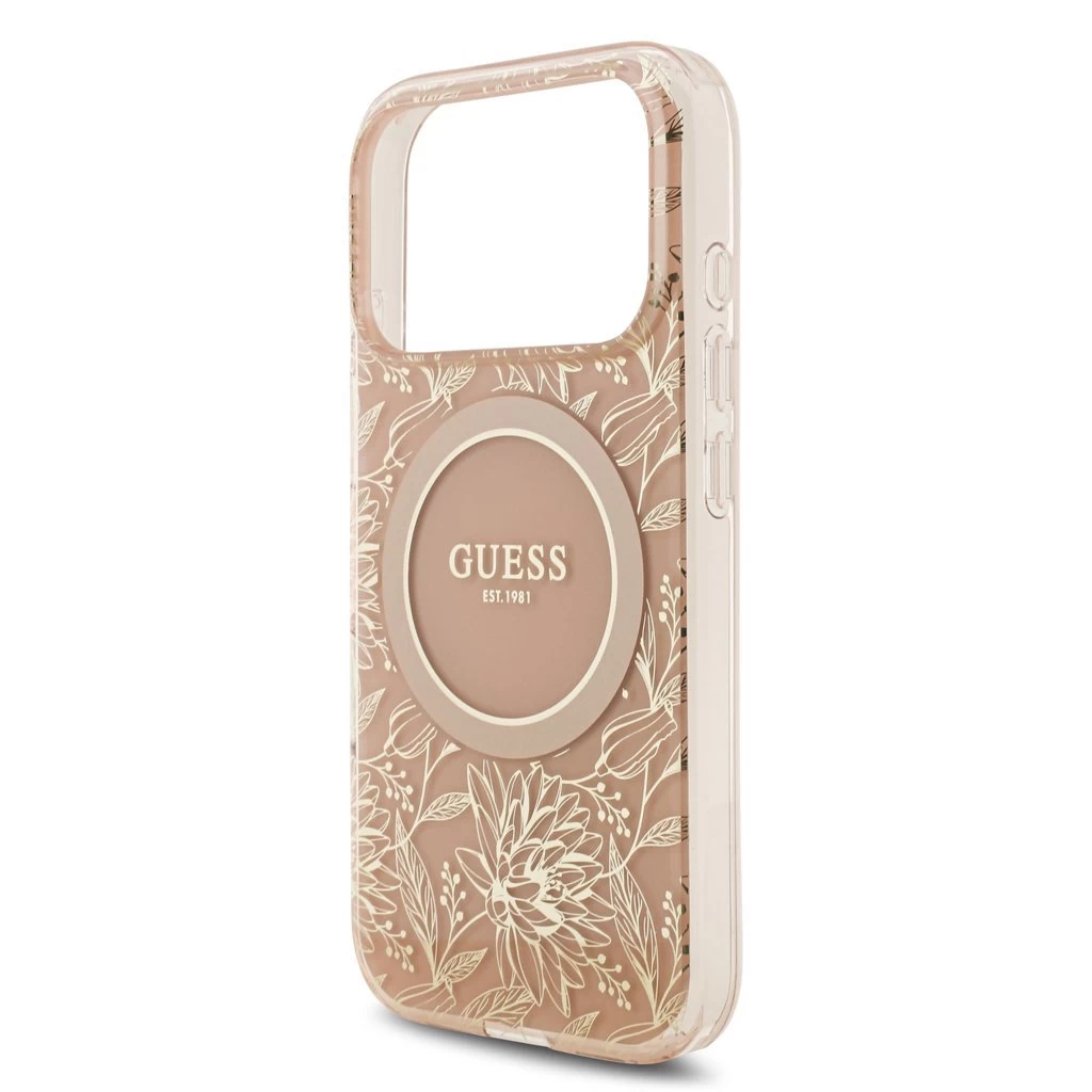 Guess IML Flowers Allover Strap MagSafe tok iPhone 17 Pro készülékhez rózsaszín