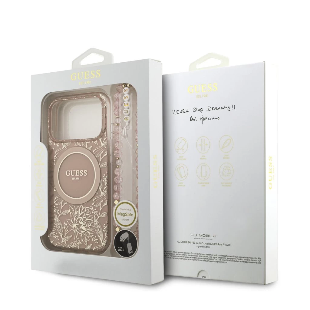 Guess IML Flowers Allover Strap MagSafe tok iPhone 17 Pro készülékhez rózsaszín