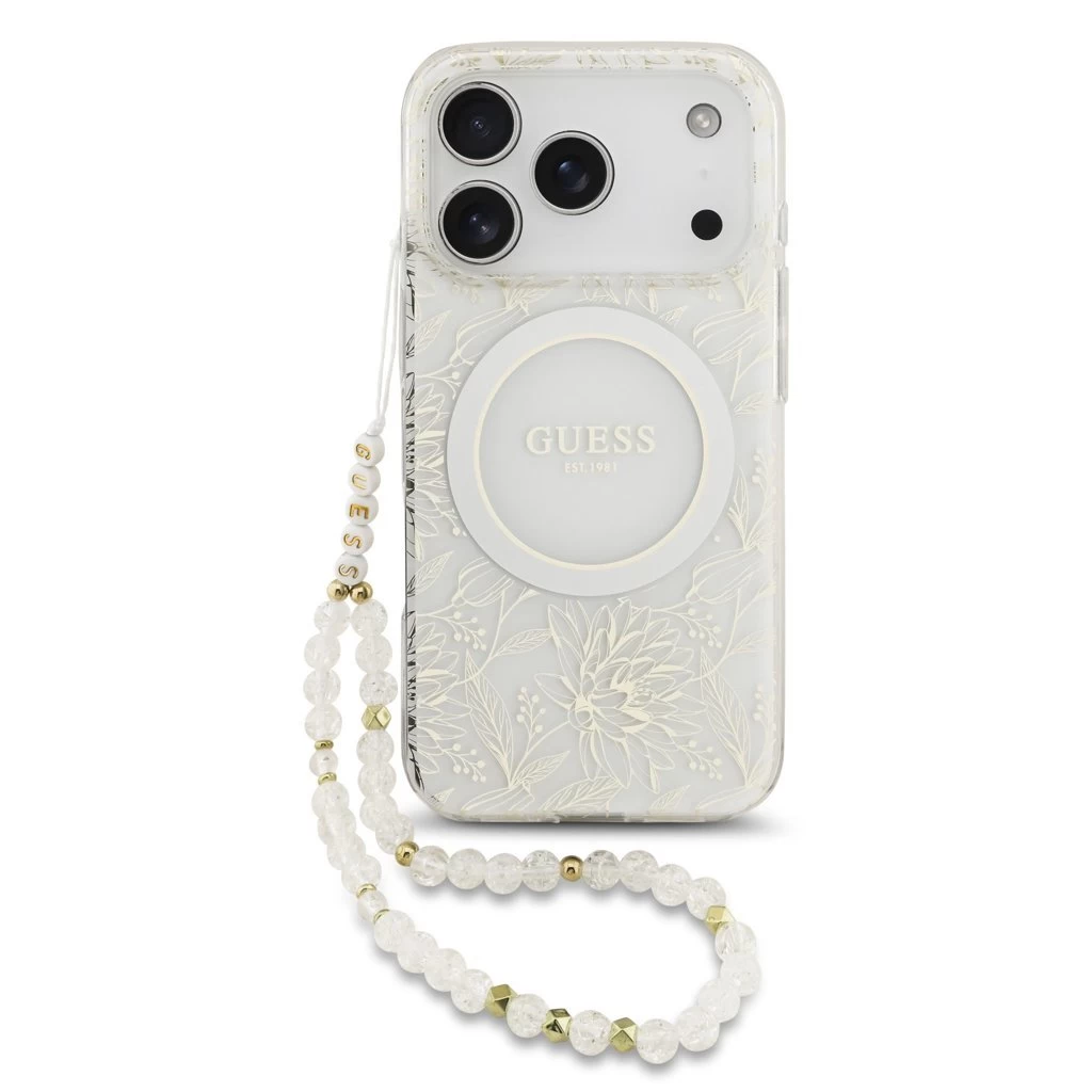 Guess IML Flowers Allover Strap MagSafe Tok iPhone 17 Pro készülékhez fehér