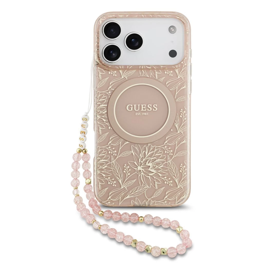 Guess IML Flowers Allover Strap MagSafe tok iPhone 17 Pro Max készülékhez rózsaszín