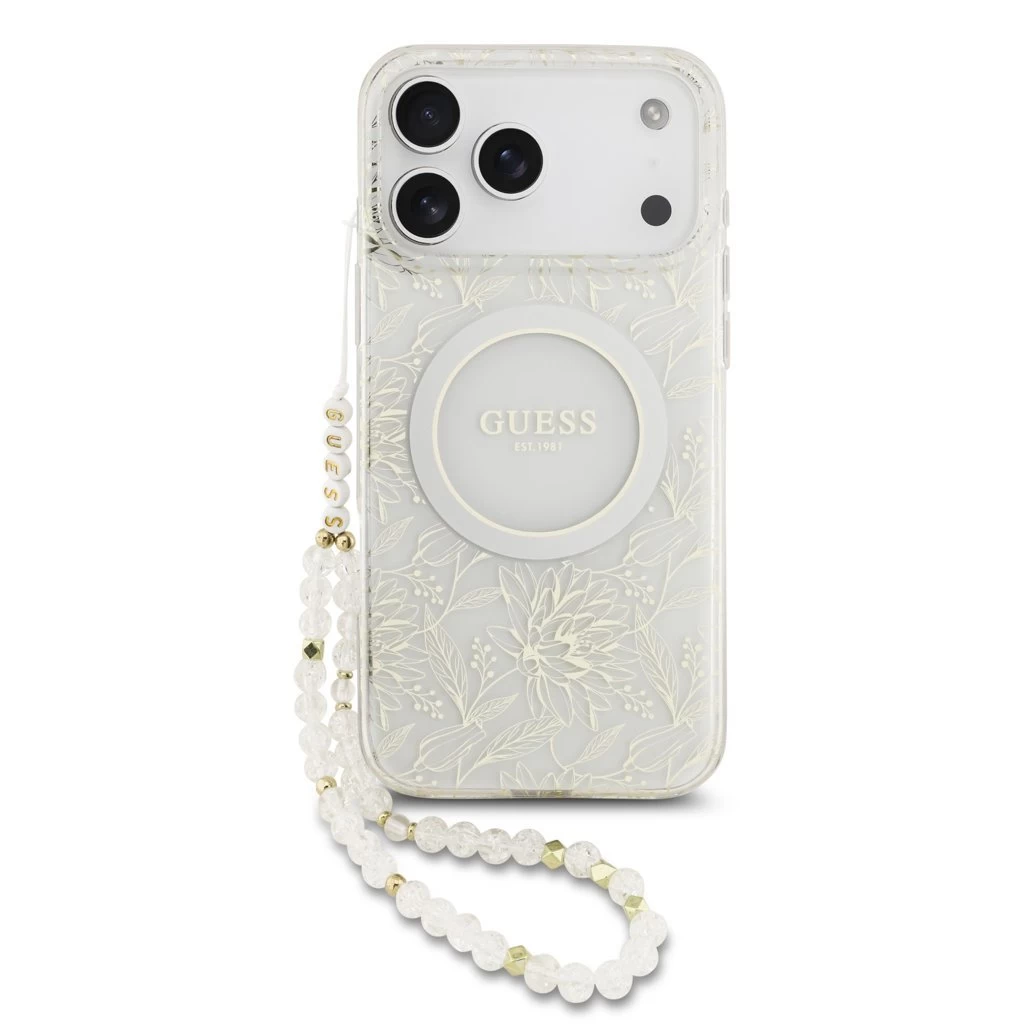 Guess IML Flowers Allover Strap MagSafe tok iPhone 17 Pro Max készülékhez fehér
