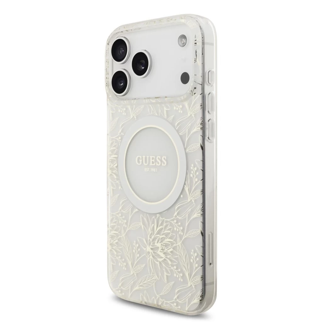 Guess IML Flowers Allover Strap MagSafe tok iPhone 17 Pro Max készülékhez fehér