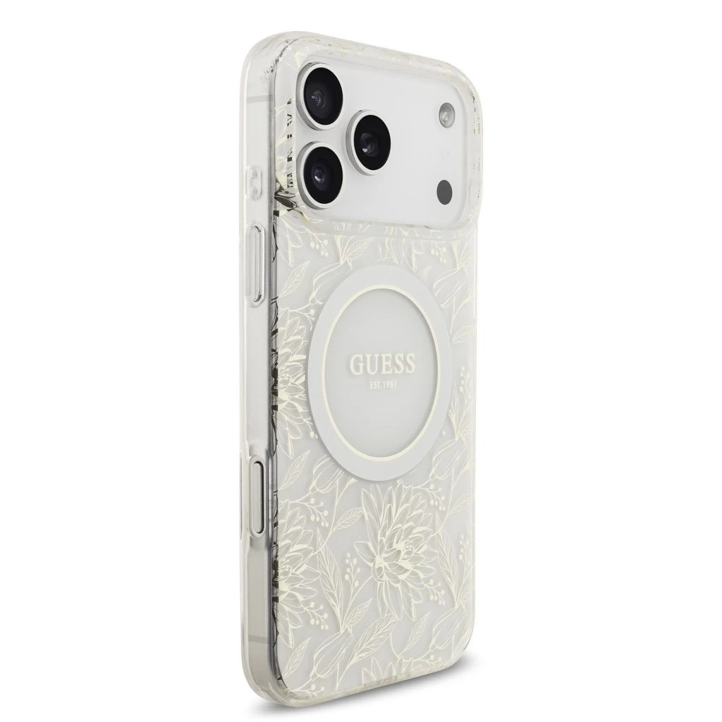 Guess IML Flowers Allover Strap MagSafe tok iPhone 17 Pro Max készülékhez fehér