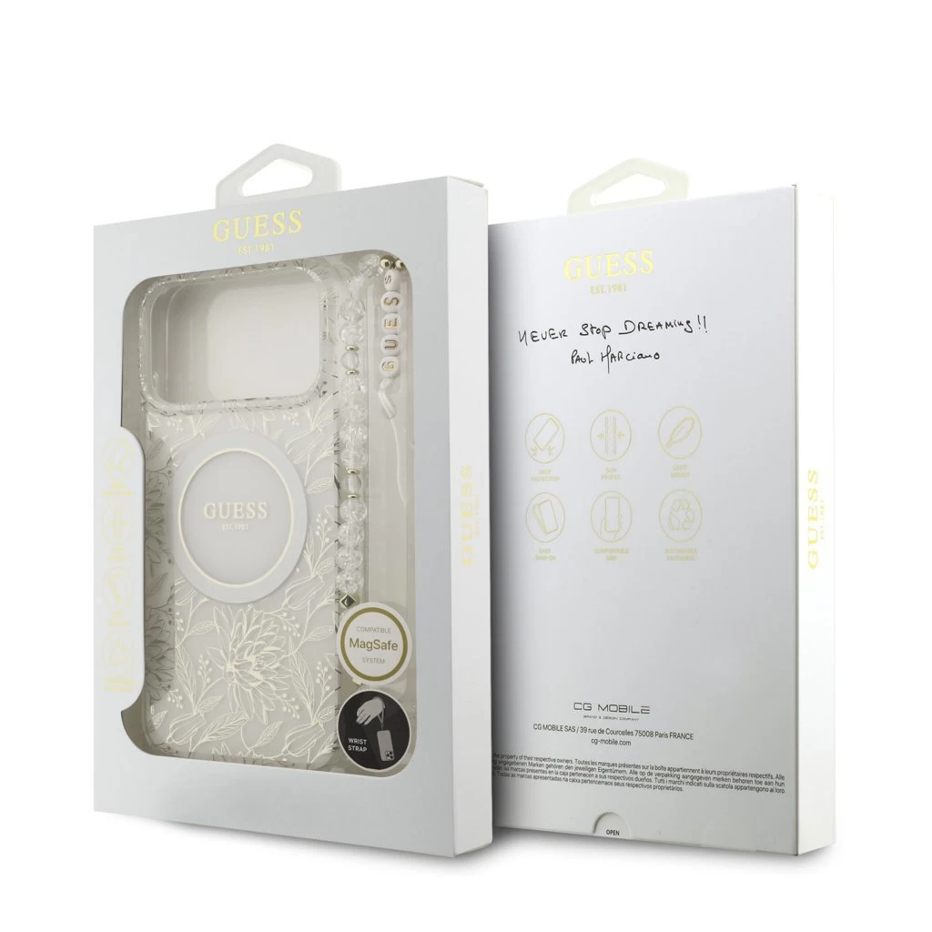 Guess IML Flowers Allover Strap MagSafe tok iPhone 17 Pro Max készülékhez fehér