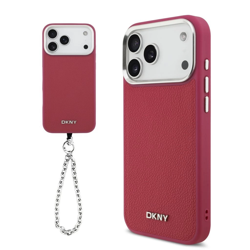 DKNY PU bőr fém logós csuklópánt MagSafe tok iPhone 17 Pro Max készülékhez rózsaszín