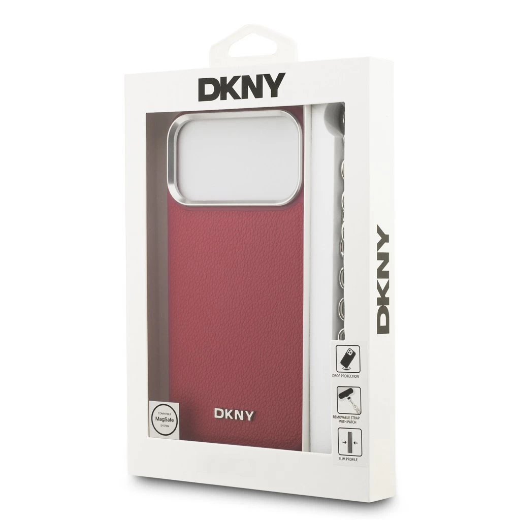 DKNY PU bőr fém logós csuklópánt MagSafe tok iPhone 17 Pro Max készülékhez rózsaszín