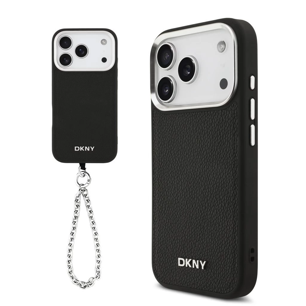 DKNY PU bőr fém logós csuklókarkötős MagSafe tok iPhone 17 Pro készülékhez fekete