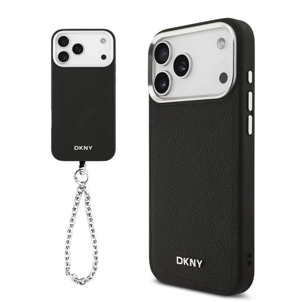 DKNY PU Leather Metal Logo Wrist Chain MagSafe tok iPhone 17 Pro Max készülékhez fekete