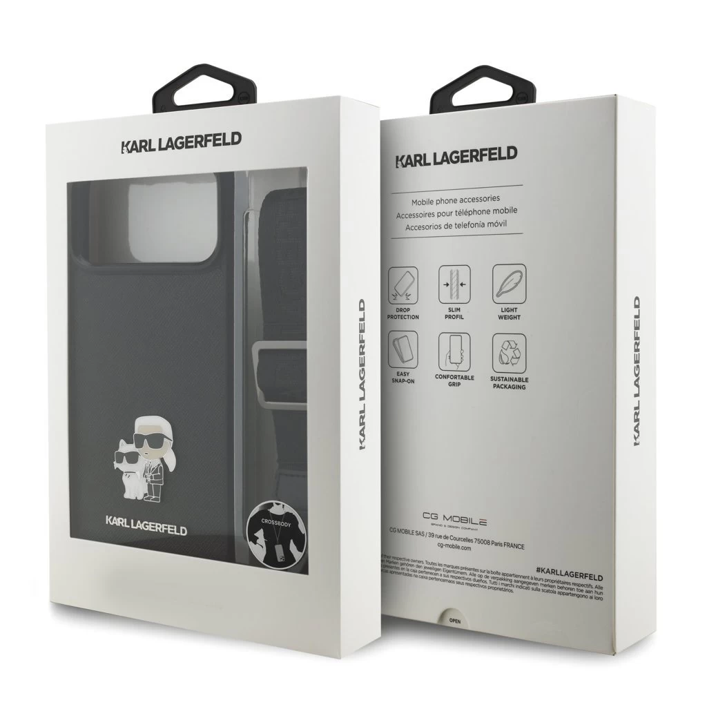 Karl Lagerfeld Saffiano vállpántos fém Karl and Choupette tok iPhone 17 Pro Max készülékhez fekete
