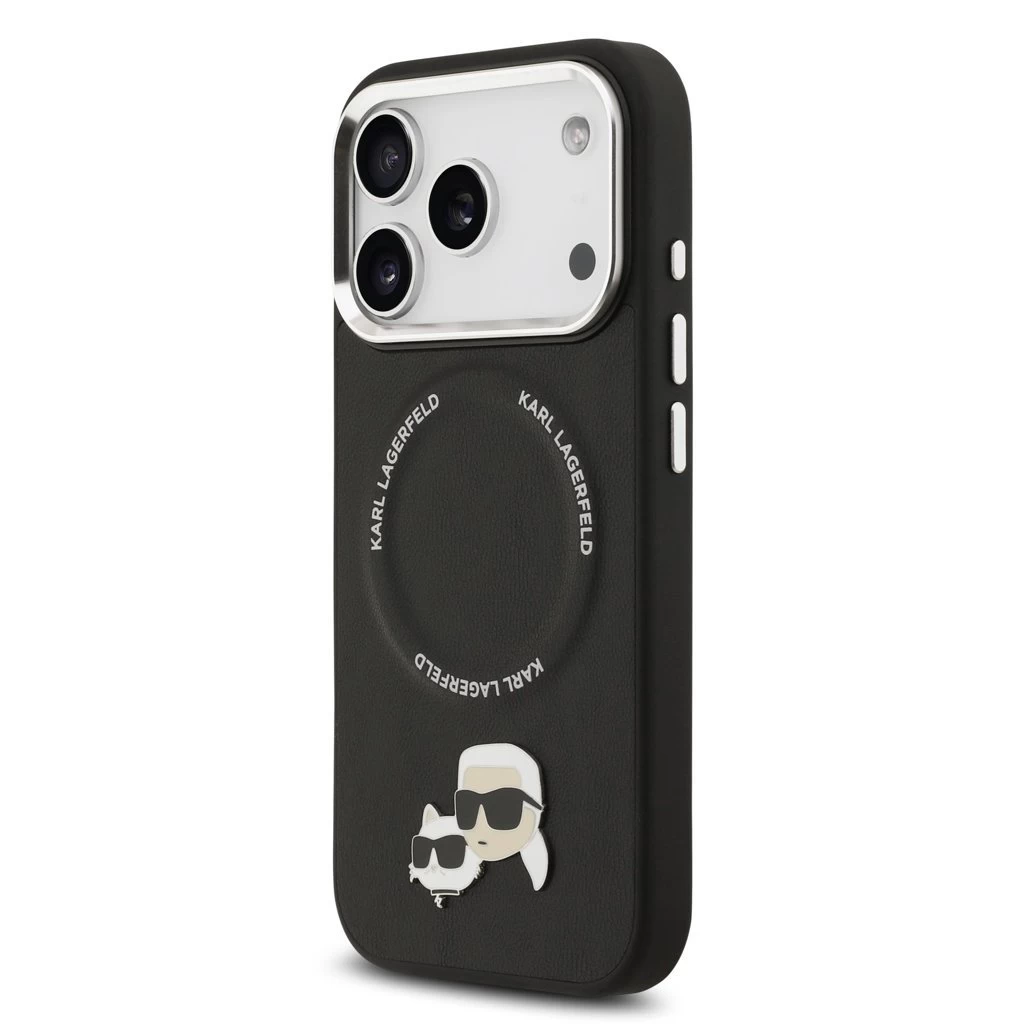 Karl Lagerfeld PU Karl and Choupette Heads Pins MagSafe tok iPhone 17 Pro készülékhez fekete
