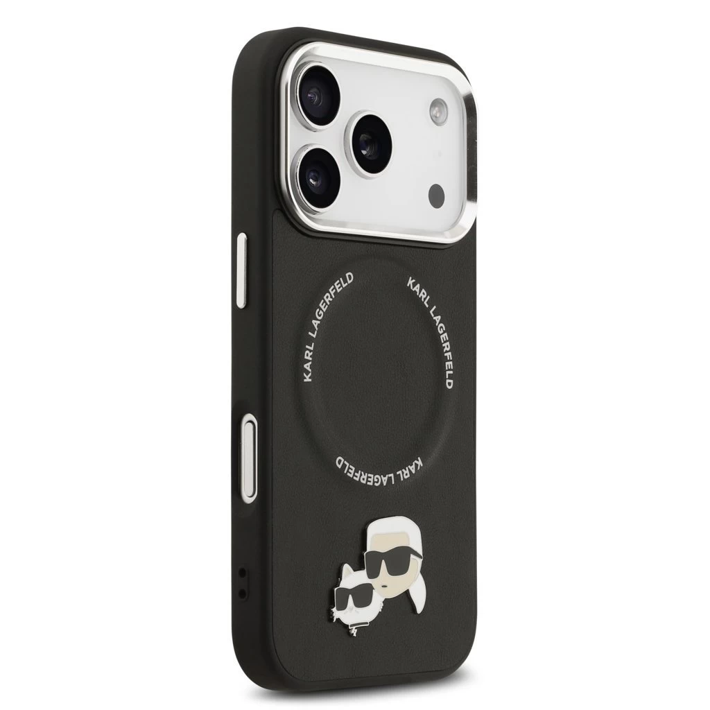 Karl Lagerfeld PU Karl and Choupette Heads Pins MagSafe tok iPhone 17 Pro Max készülékhez fekete
