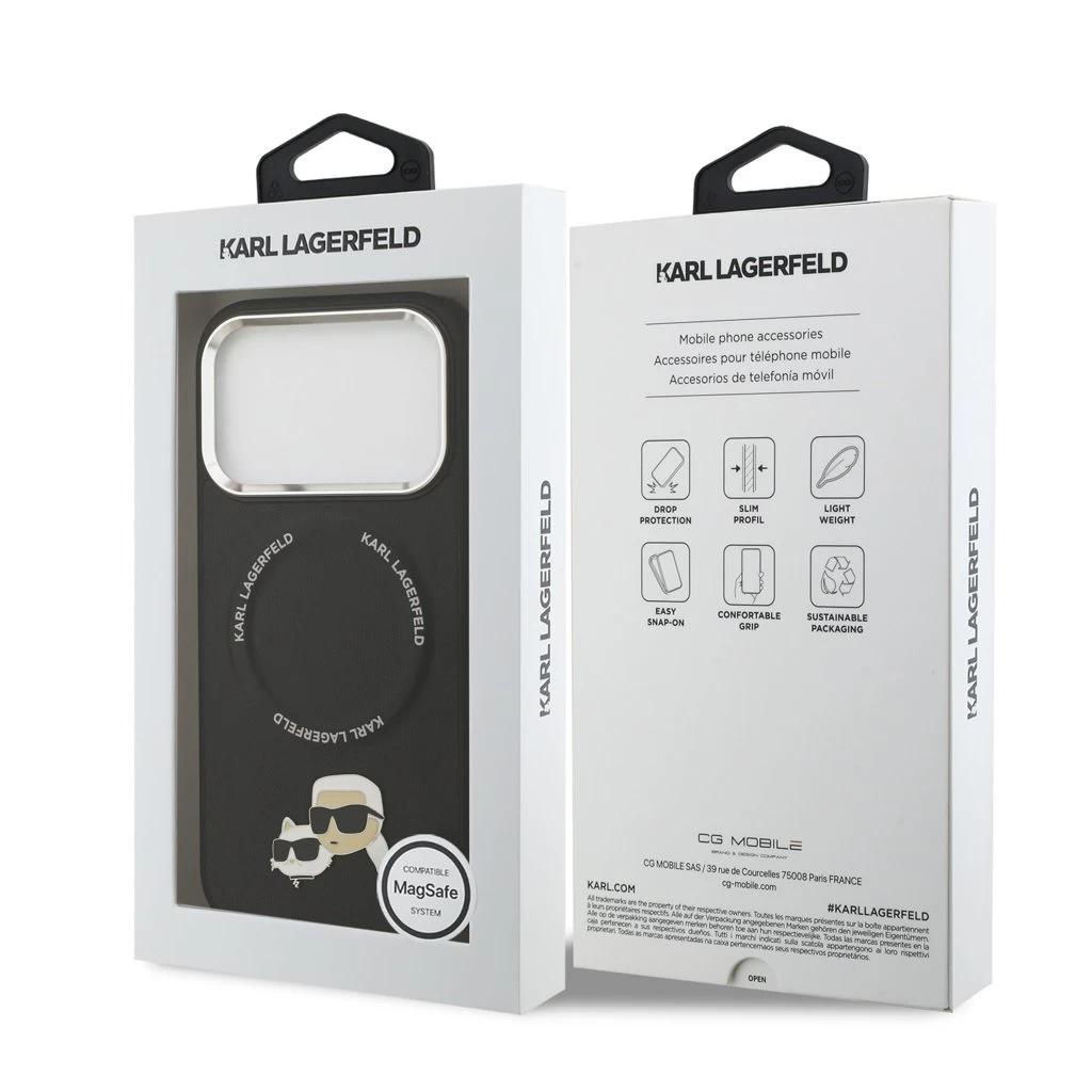 Karl Lagerfeld PU Karl and Choupette Heads Pins MagSafe tok iPhone 17 Pro Max készülékhez fekete