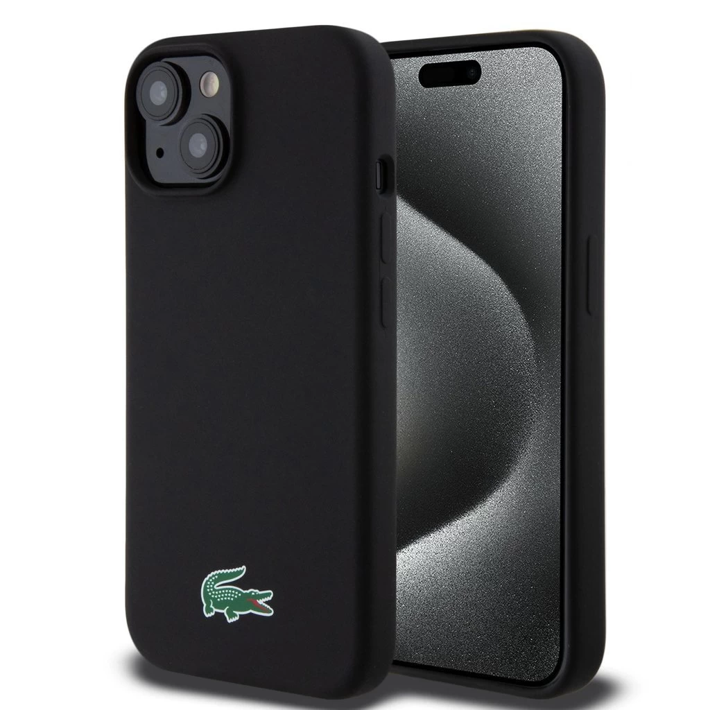 Lacoste Liquid Silicone Microfiber Croc Logo MagSafe tok iPhone 15 készülékhez fekete