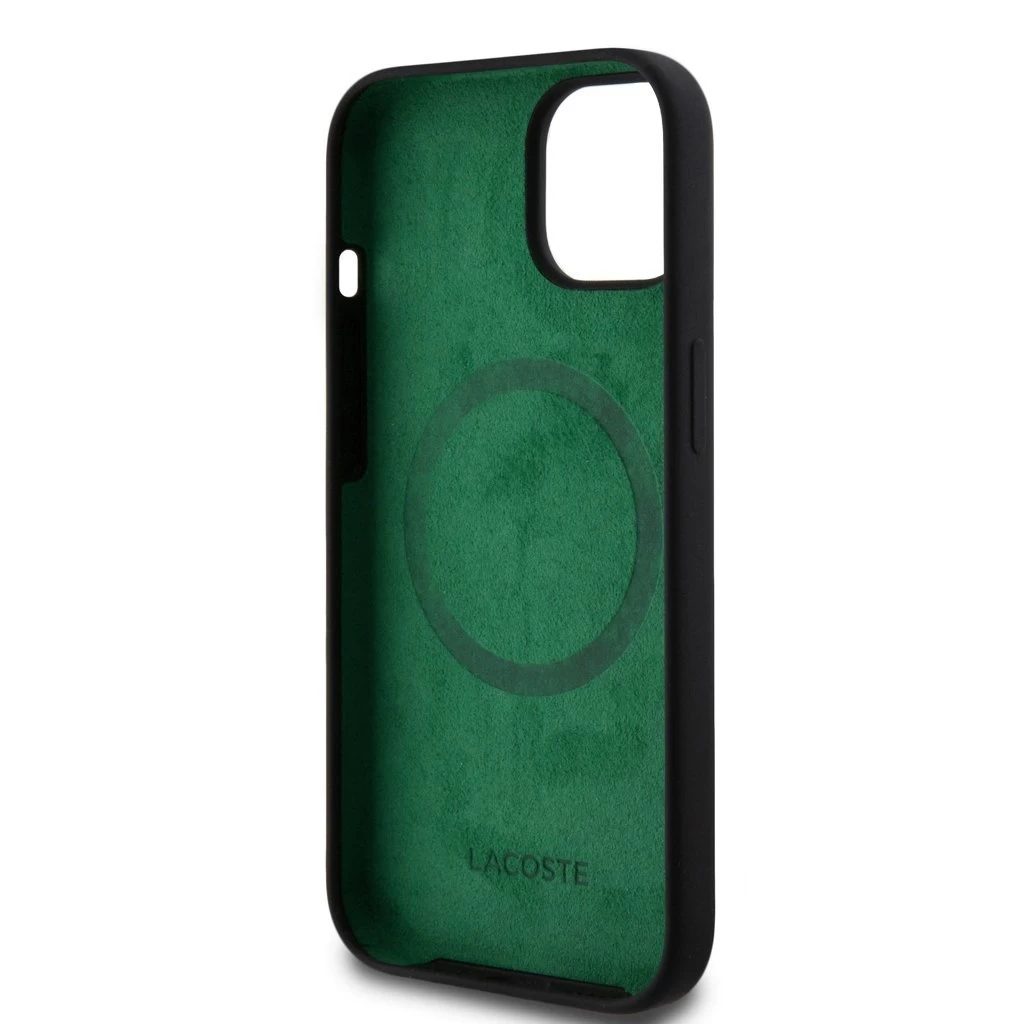 Lacoste Liquid Silicone Microfiber Croc Logo MagSafe tok iPhone 15 készülékhez fekete