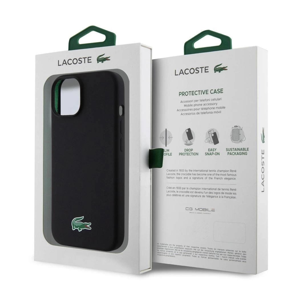 Lacoste Liquid Silicone Microfiber Croc Logo MagSafe tok iPhone 15 készülékhez fekete