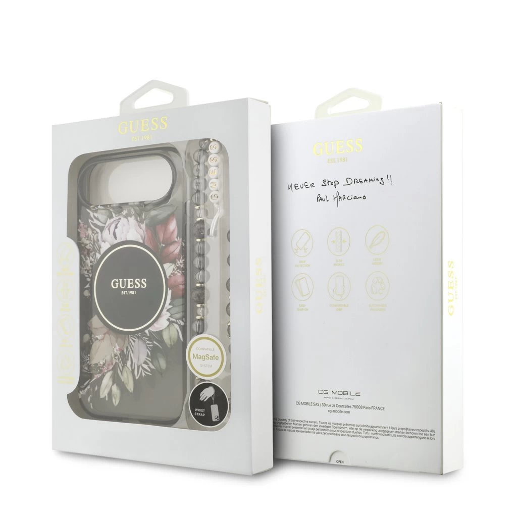 Guess IML Flowers Strap MagSafe tok iPhone 17 Air készülékhez fekete