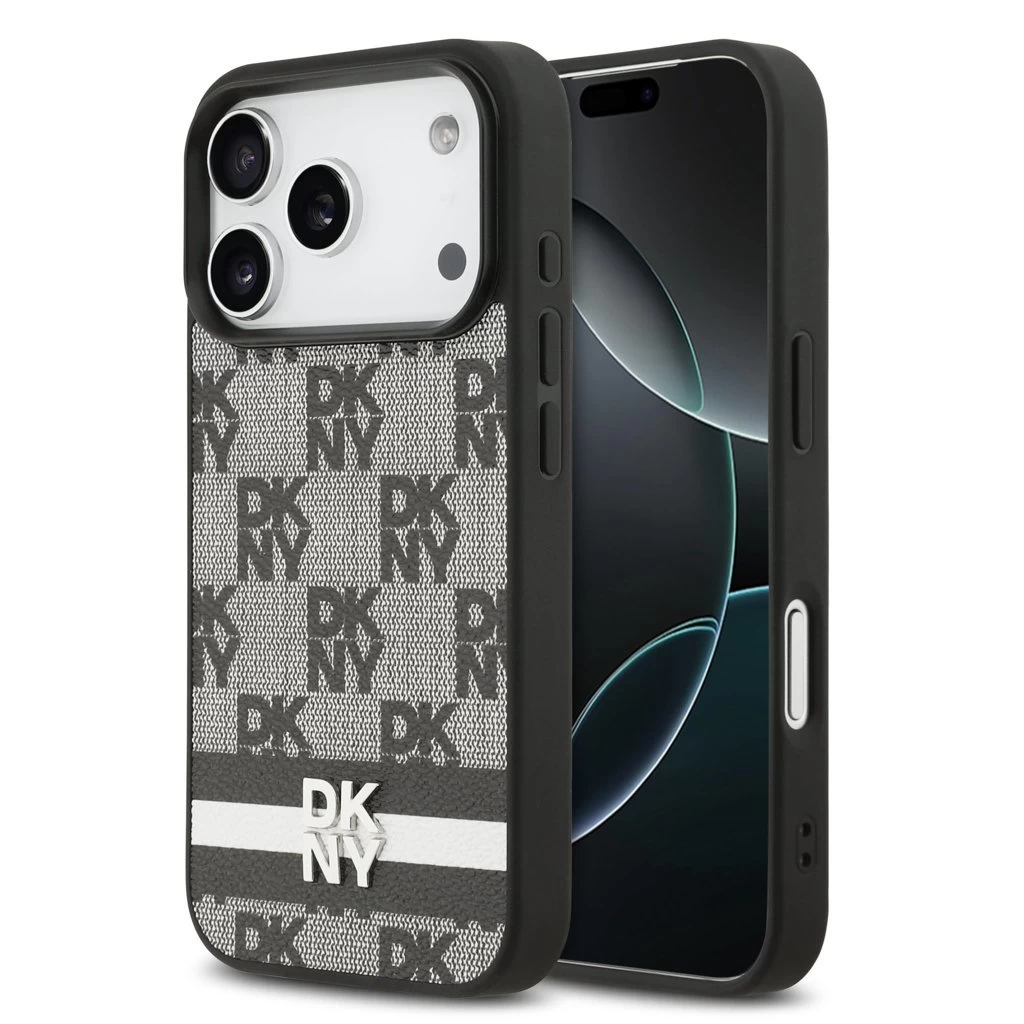 DKNY PU Leather Checkered Pattern and Stripe tok iPhone 17 Pro készülékhez fekete