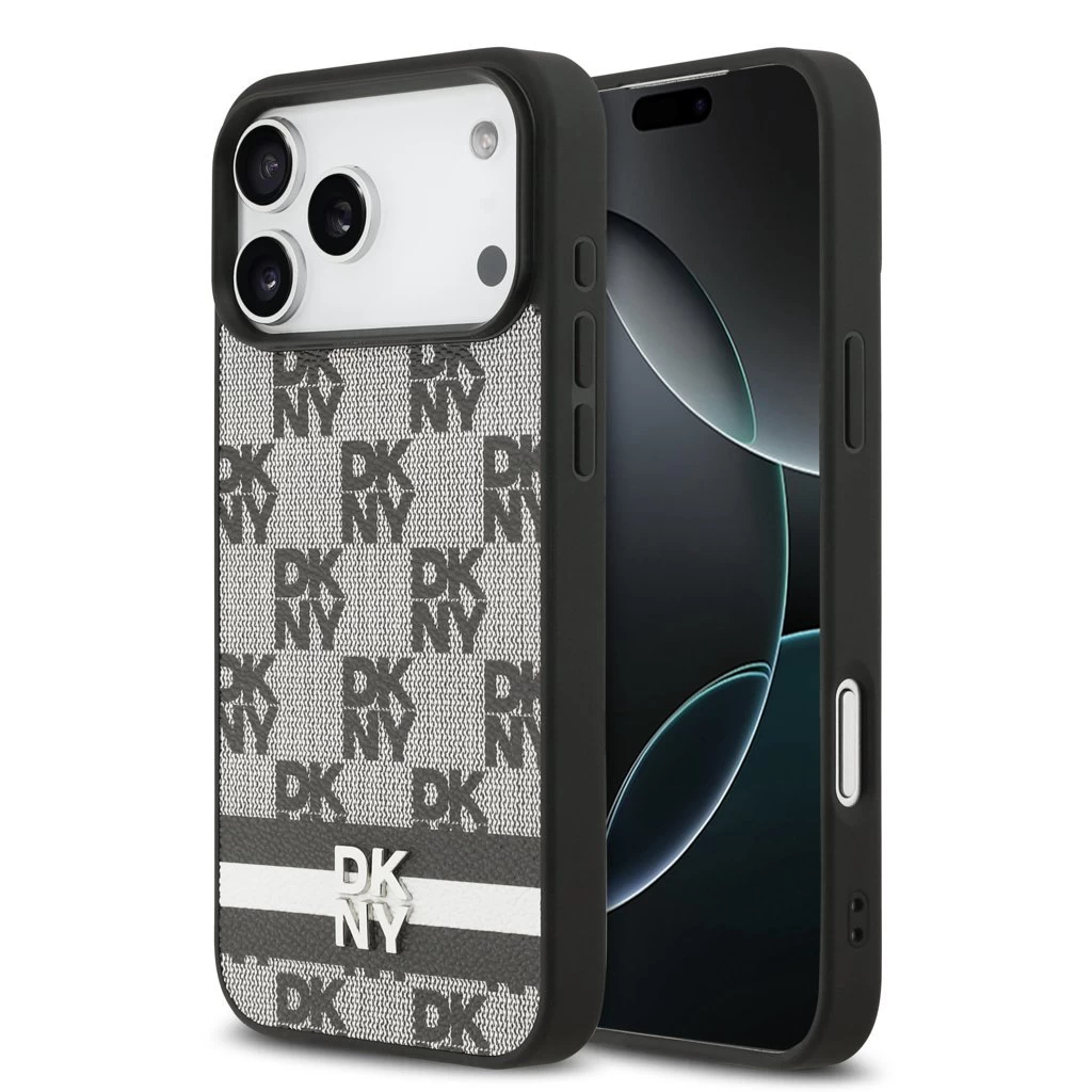 DKNY PU Leather Checkered Pattern and Stripe tok iPhone 17 Pro Max készülékhez fekete