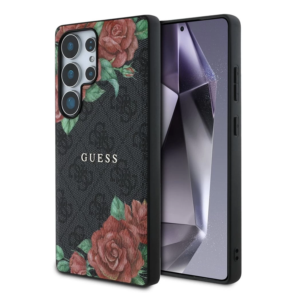 Guess PU Leather 4G Flowers Print Metal Classic Logo MagSafe tok Samsung Galaxy S25 Ultra készülékhez fekete
