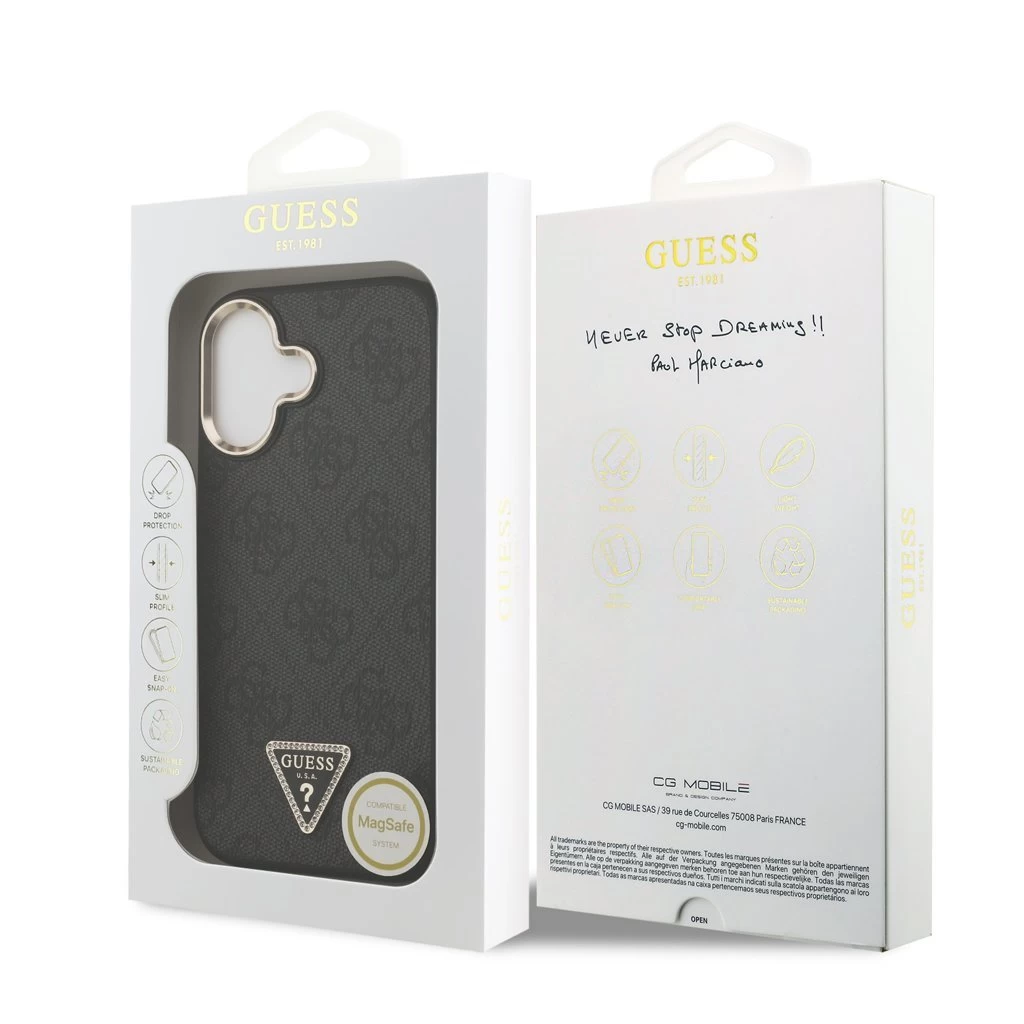 Guess PU Leather 4G Triangle Logo Gold Frame MagSafe tok iPhone 17 készülékhez fekete