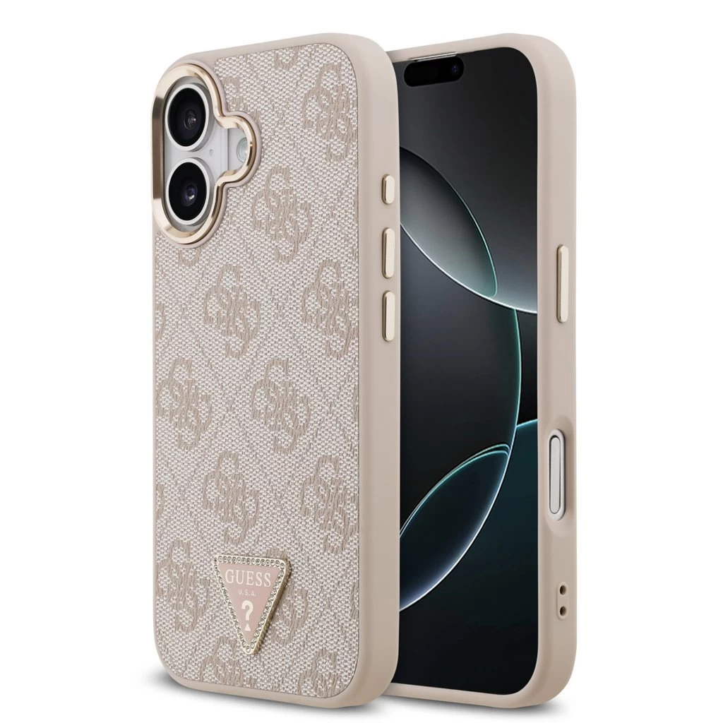 Guess PU Leather 4G Triangle Logo Gold Frame MagSafe tok iPhone 17 készülékhez rózsaszín