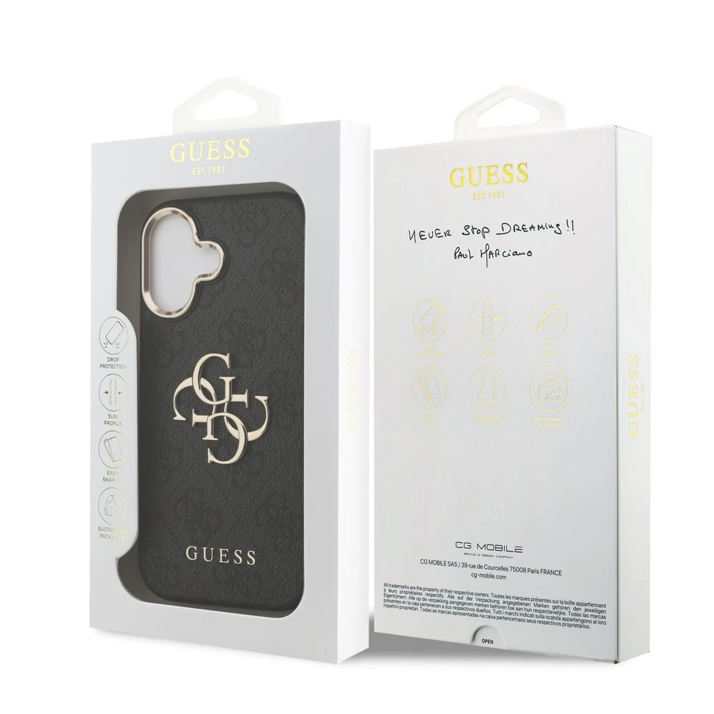Guess PU Leather 4G Metal Logo Gold Frame tok iPhone 17 készülékhez fekete