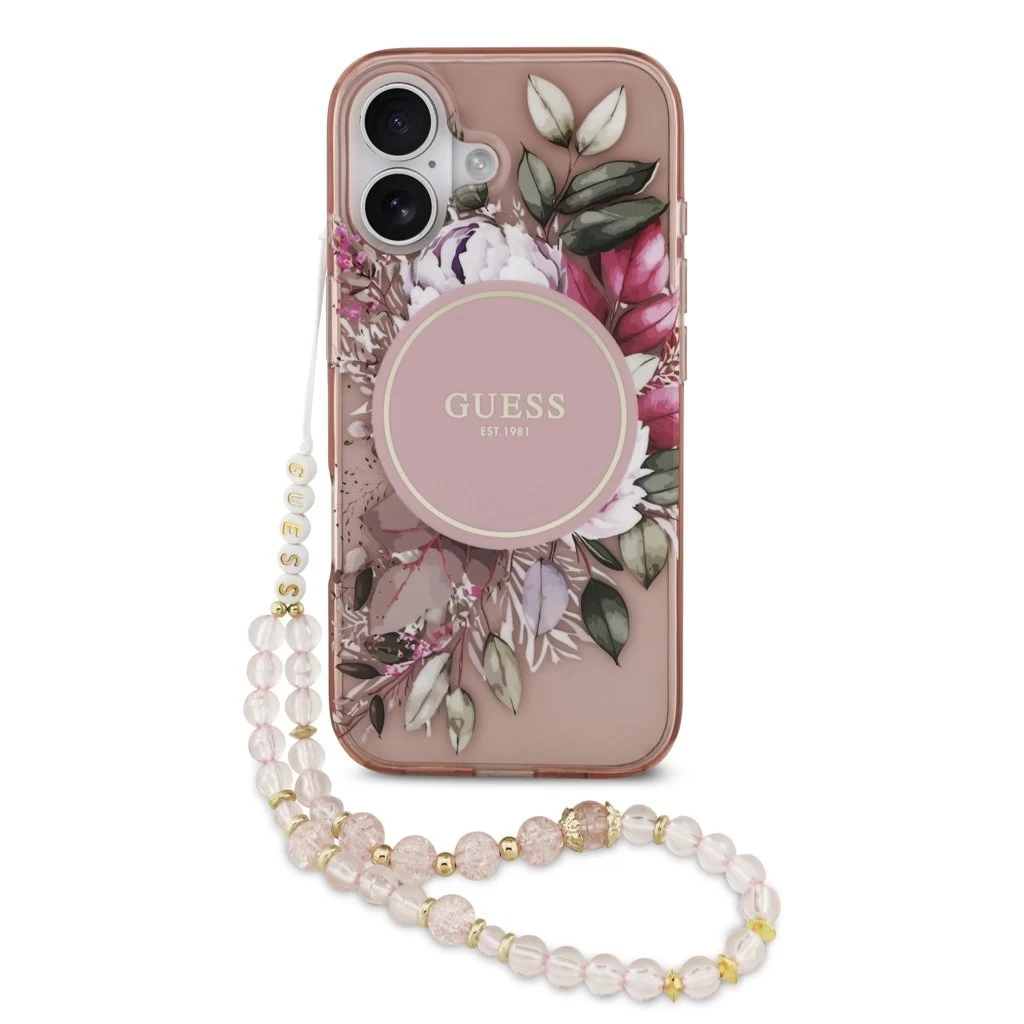 Guess IML Flowers Strap MagSafe tok iPhone 17 készülékhez rózsaszín