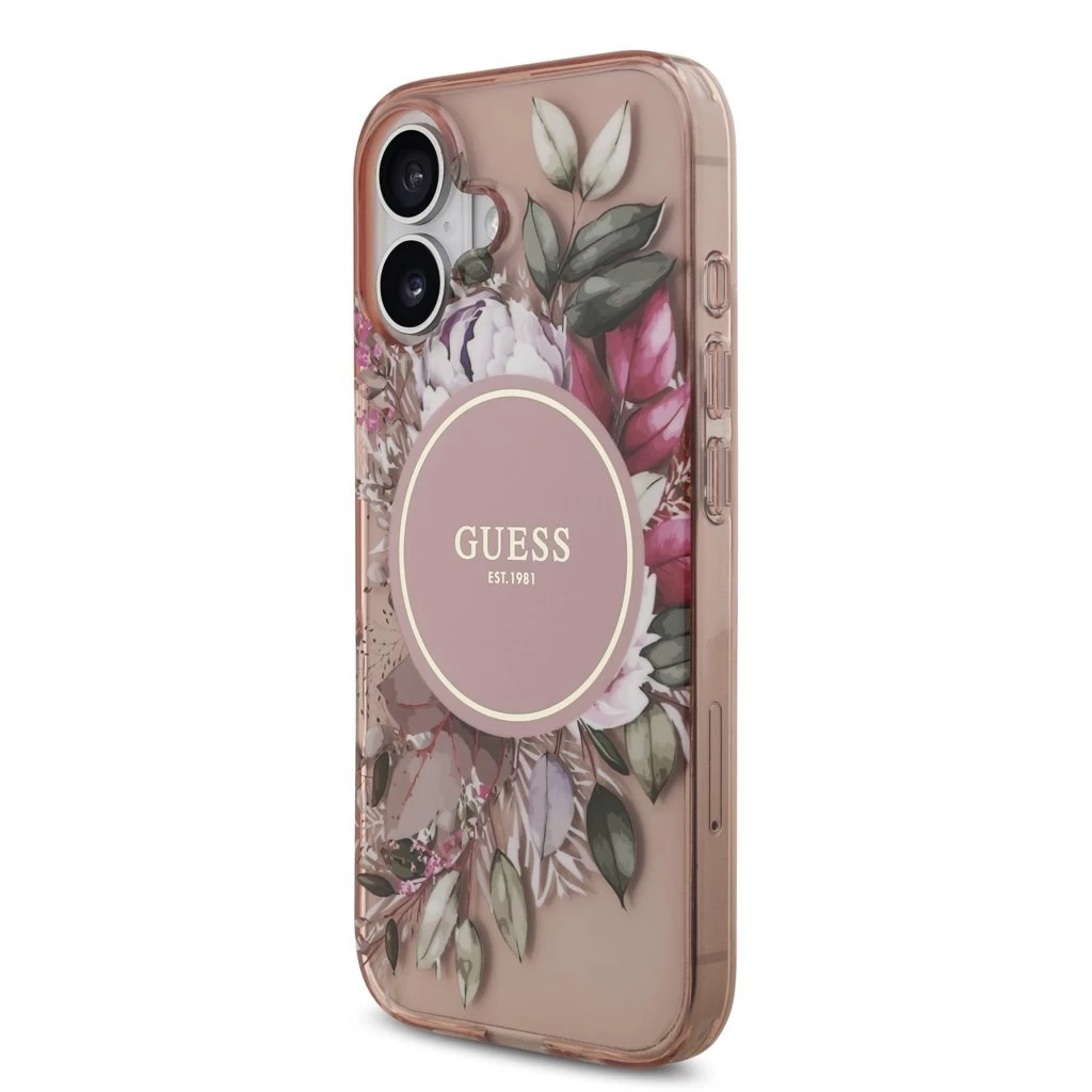 Guess IML Flowers Strap MagSafe tok iPhone 17 készülékhez rózsaszín