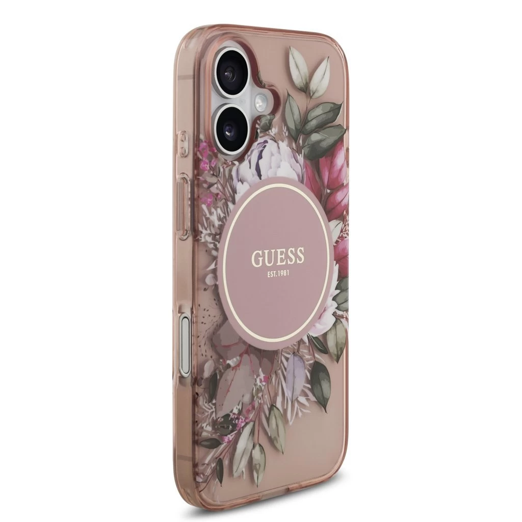 Guess IML Flowers Strap MagSafe tok iPhone 17 készülékhez rózsaszín