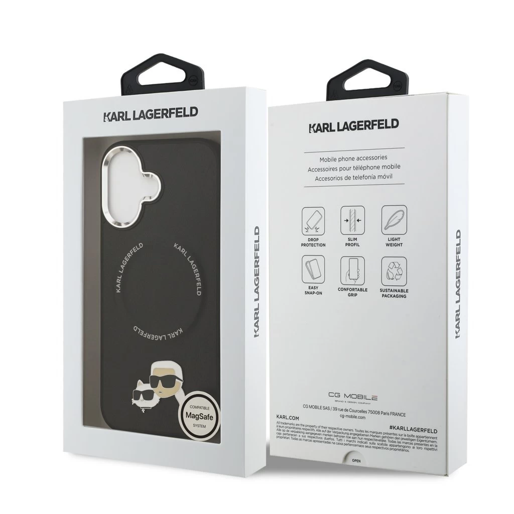 Karl Lagerfeld PU Karl and Choupette Heads Pins MagSafe tok iPhone 17 készülékhez fekete