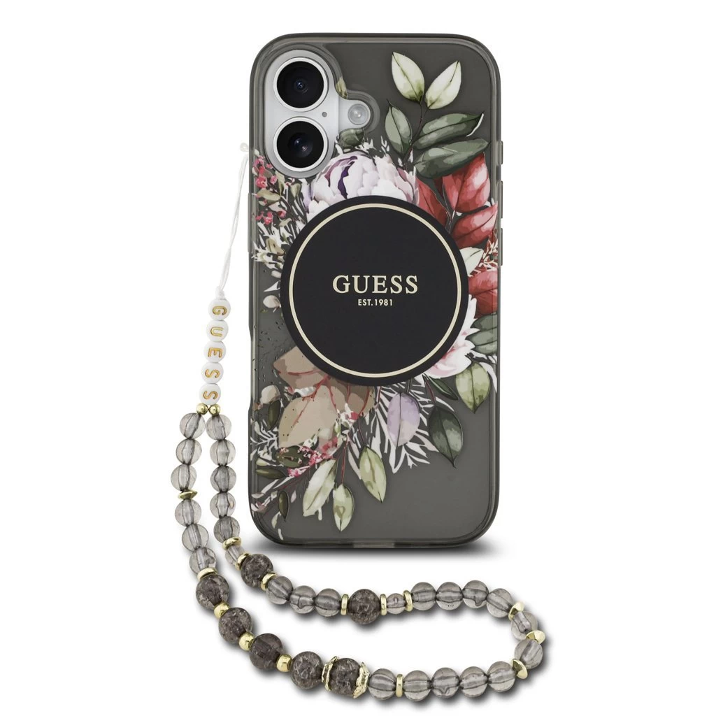 Guess IML Flowers Strap MagSafe tok iPhone 17 készülékhez fekete