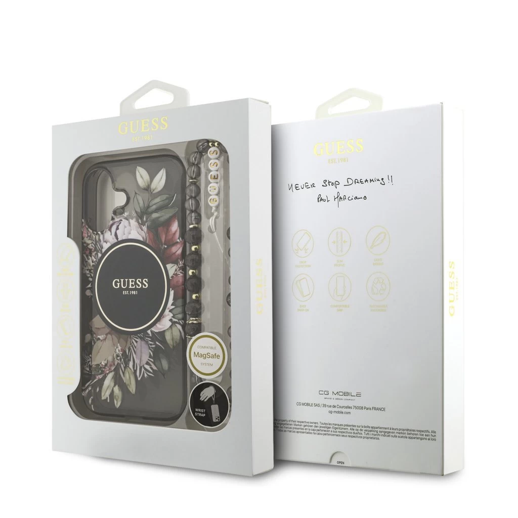 Guess IML Flowers Strap MagSafe tok iPhone 17 készülékhez fekete