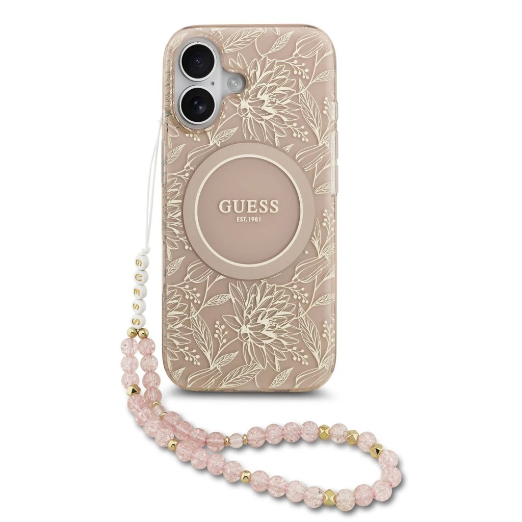 Guess IML Flowers Allover Strap MagSafe tok iPhone 17 készülékhez rózsaszín
