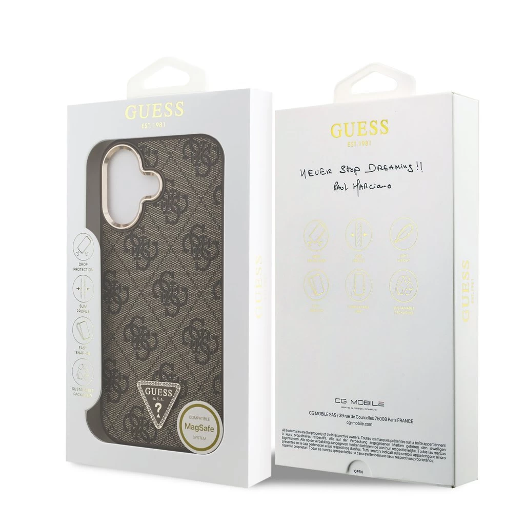 Guess PU Leather 4G Triangle Logo Gold Frame MagSafe tok iPhone 17 készülékhez barna