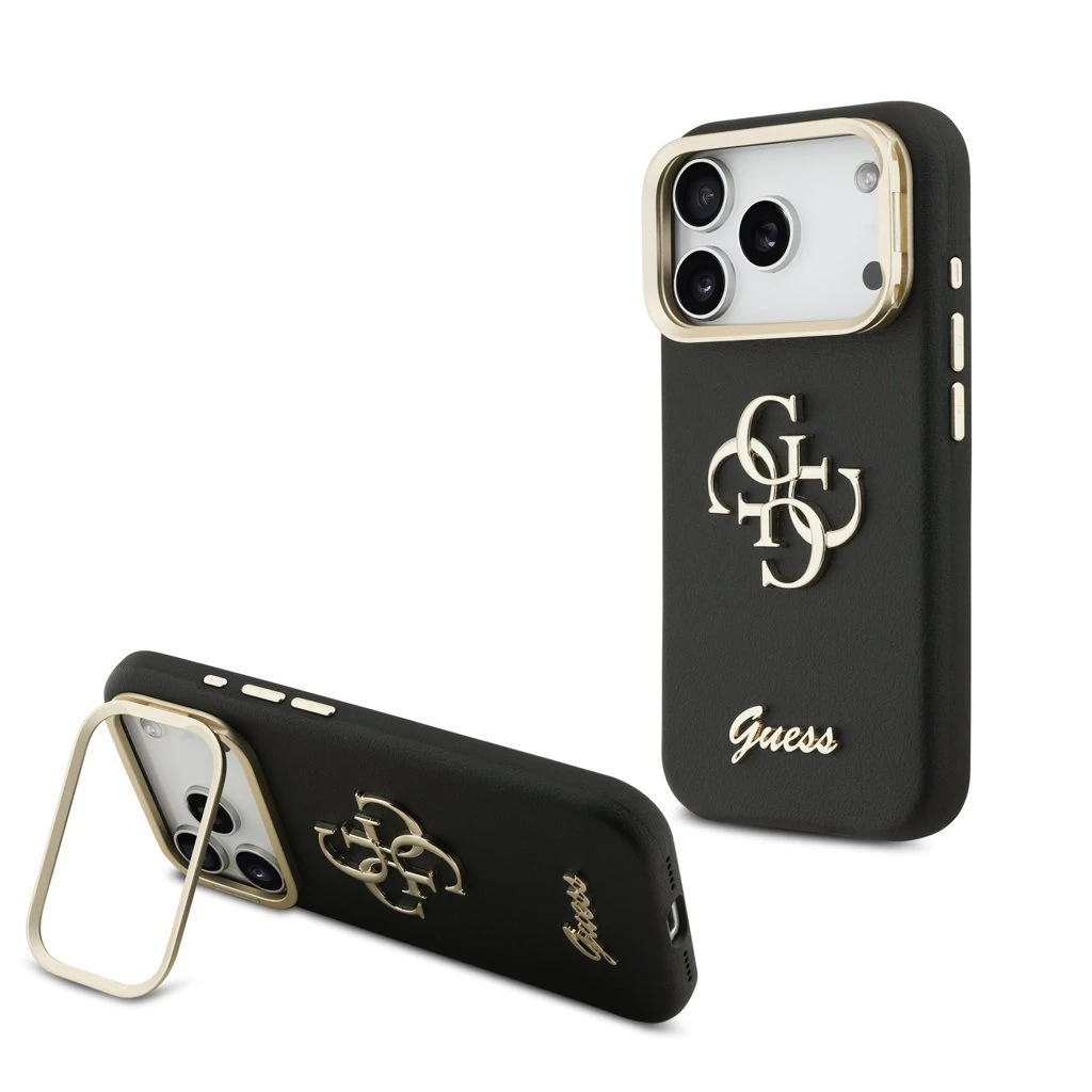 Guess PU Grained 4G Logo Stand Camera Frame tok iPhone 17 Pro készülékhez fekete