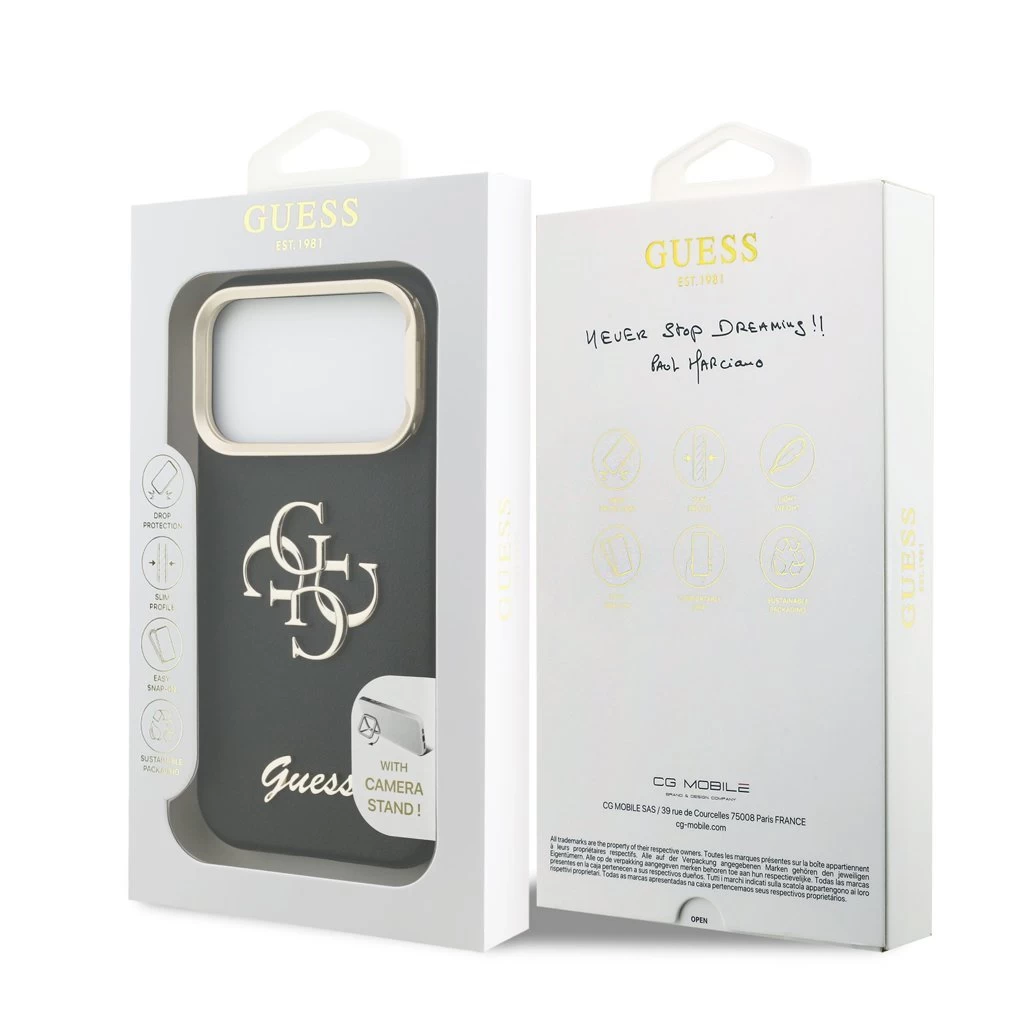 Guess PU Grained 4G Logo Stand Camera Frame tok iPhone 17 Pro készülékhez fekete
