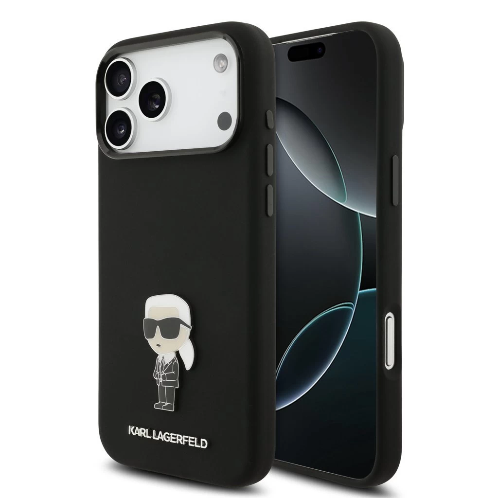 Karl Lagerfeld Liquid Silicone Metal Ikonik tok iPhone 17 Pro Max készülékhez fekete Karl Lagerfeld Liquid Silicone Metal Ikonik tok iPhone 17 Pro Max készülékhez fekete