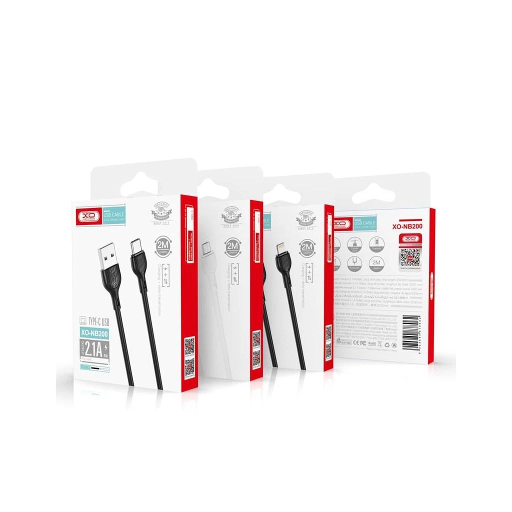 XO NB200 kábel USB-A / Lightning 2M 2.1A Fekete