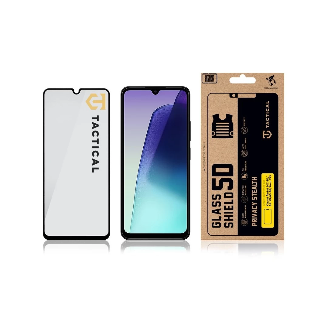 Tactical Glass Shield Privacy Stealth 5D kijelzővédő Xiaomi Redmi 14C 4G, Redmi A4 5G, Redmi A5 4G, Poco C75 készülékhez fekete