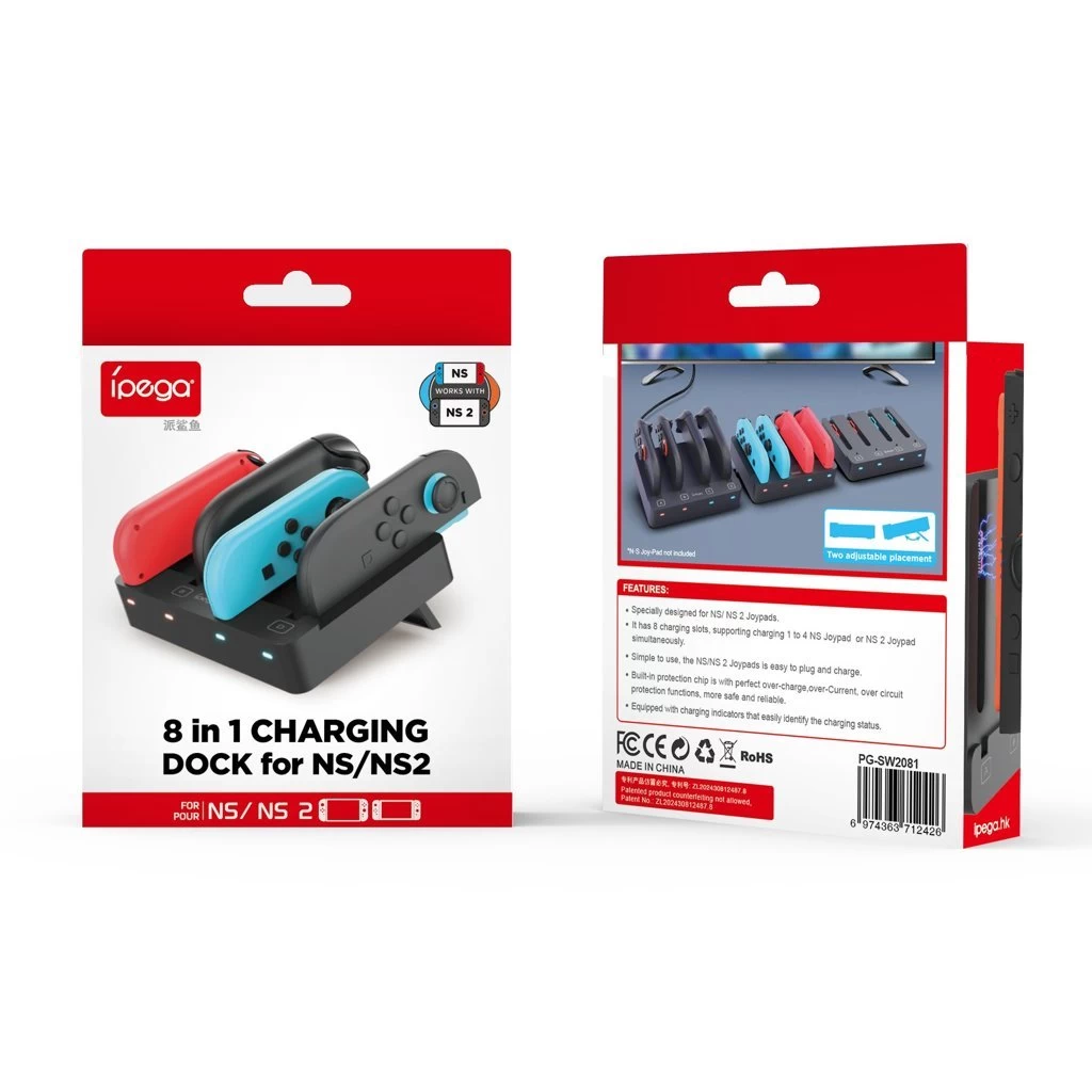 iPega SW2081 töltőállomás JoyCon kontrollerekhez, Nintendo Switch 1/2 készülékhez fekete