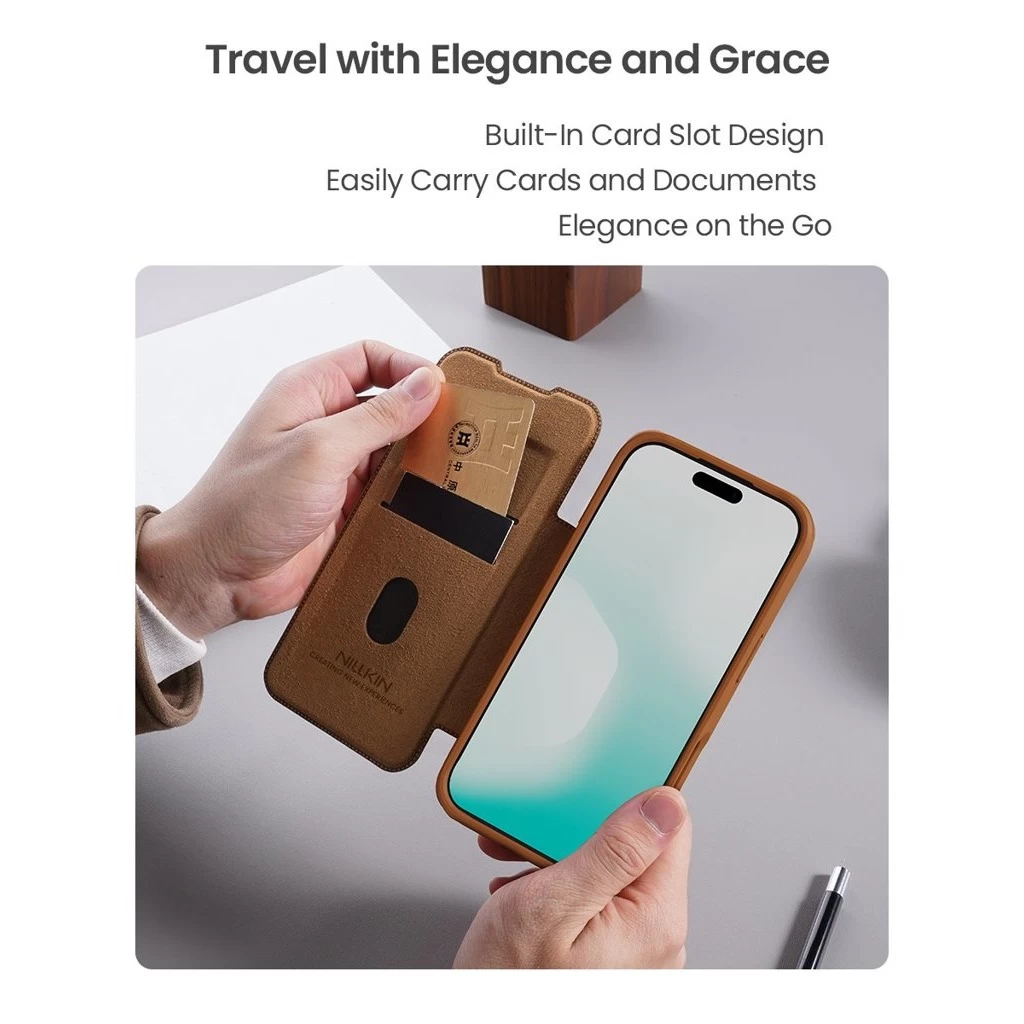 Nillkin Qin Book PRO tok Apple iPhone 17 Pro Max készülékhez barna