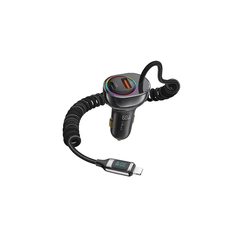 Usams autós töltő USB+Type-C aljzat (30W, PD gyorstöltő, LED kijelző, RGB + fix lightning kábel) FEKETE (US-CC193)