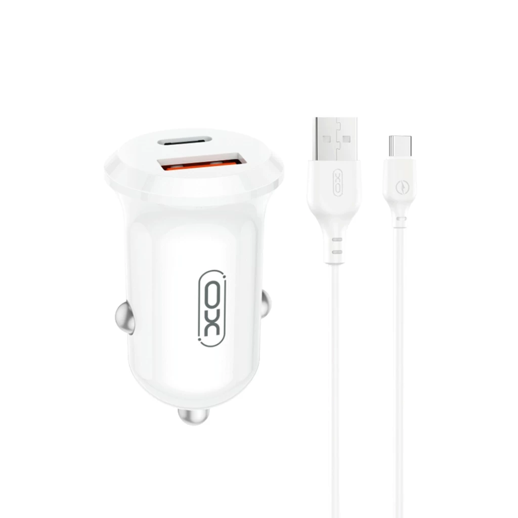 XO CC69 autós töltő szett 1*USB-A + 1*USB-C PD30W fehér, USB-C kábellel