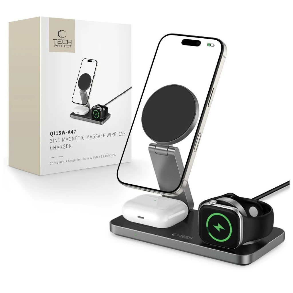TECH-PROTECT QI15W-A47 3IN1 MAGNETIC MAGSAFE vezeték nélküli töltő fekete