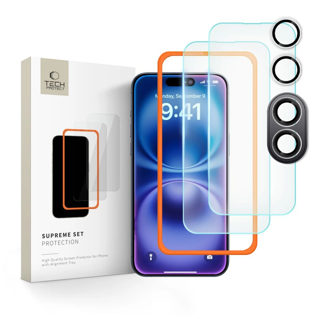 Temperált üveg kijelzővédő TECH-PROTECT SUPREME SET 3-PACK iPhone 16 készülékhez átlátszó