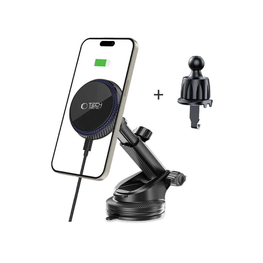TECH-PROTECT MM15W-V4 MAGNETIC MAGSAFE műszerfal- és légbeömlő autós tartó vezeték nélküli töltő 15W fekete
